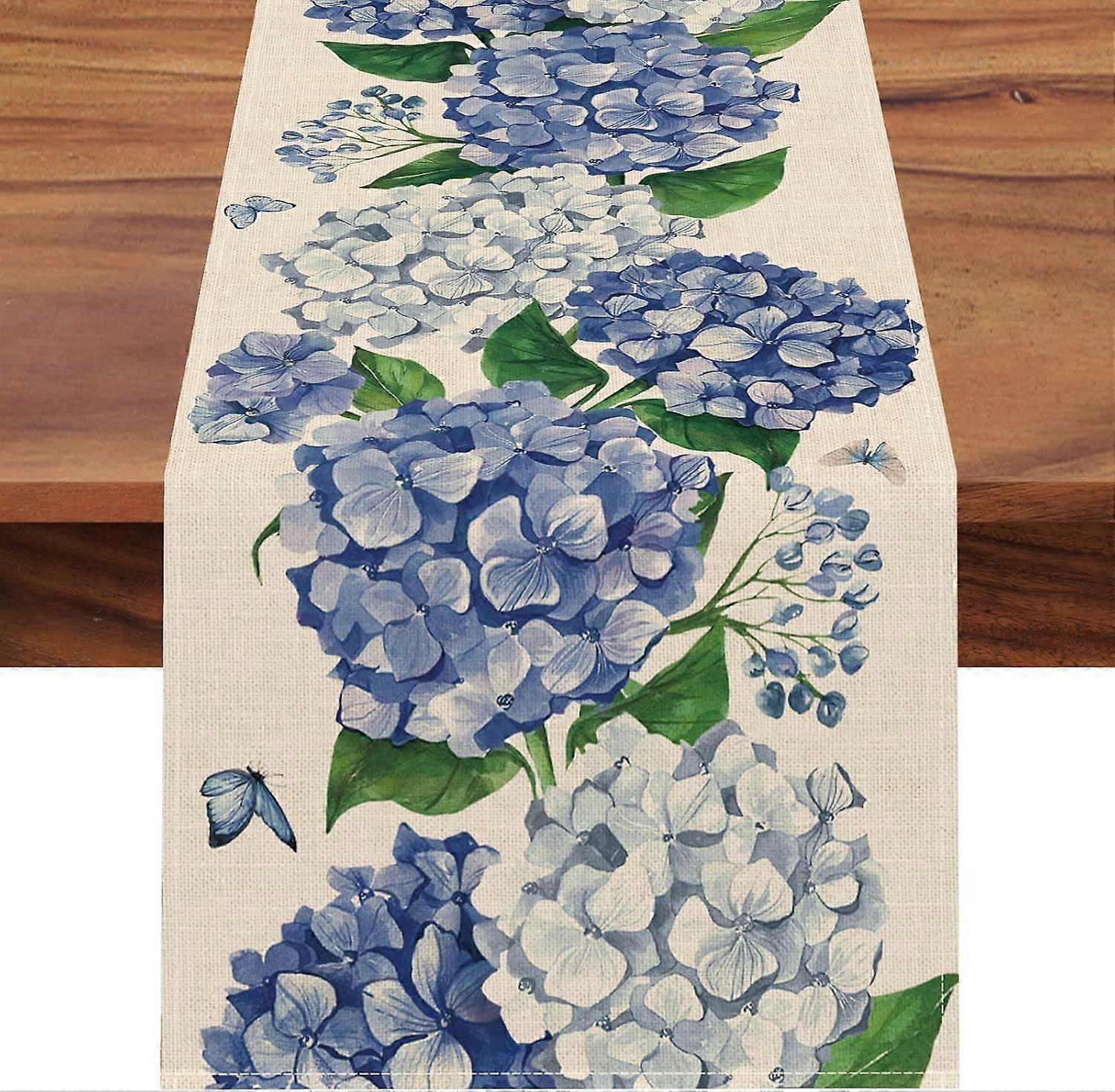 Spring Hydrangea Floral Flowers Table Runner, Blue Butterfly Kitchen Dining Table Decor, S