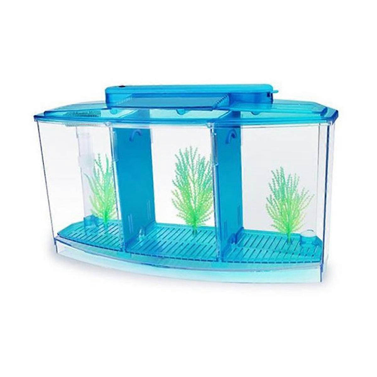 Mini Breeding Fish Tank Aquarium Fish Tank LED Acrylic Three Divisions Breeding Isolation Box for Small Fishes Blue