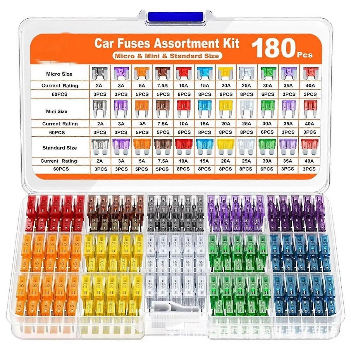 1Set 180Pcs Car Fuses Assorted Kit,60 Mini Blade Car Fuse +60 Standard Fuse Automotive +60 Micro-Type Fuse + Fuse Puller