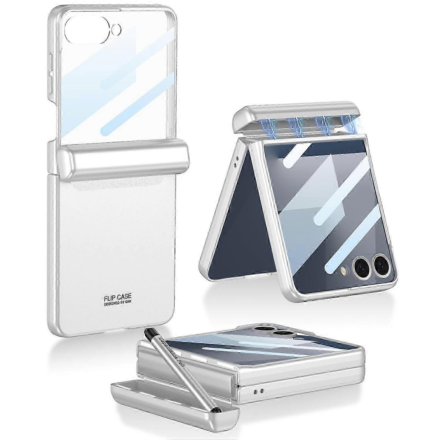 GKK For Samsung Galaxy Z Flip7 5G Case Magnetic Hinge Phone Cover with Front Screen Film - Silver