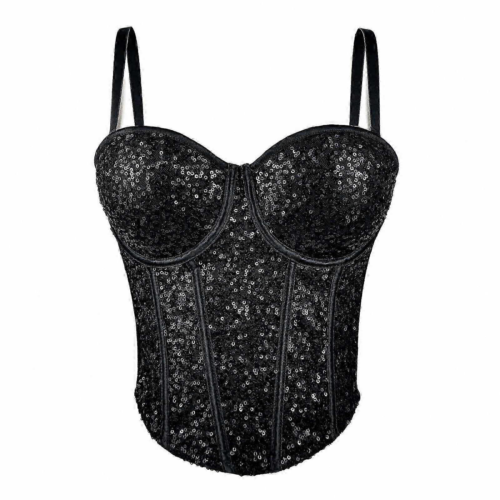 Wine Red Sequin Mesh Corset Top with Adjustable Straps and Boning Support for Women Party Outfits