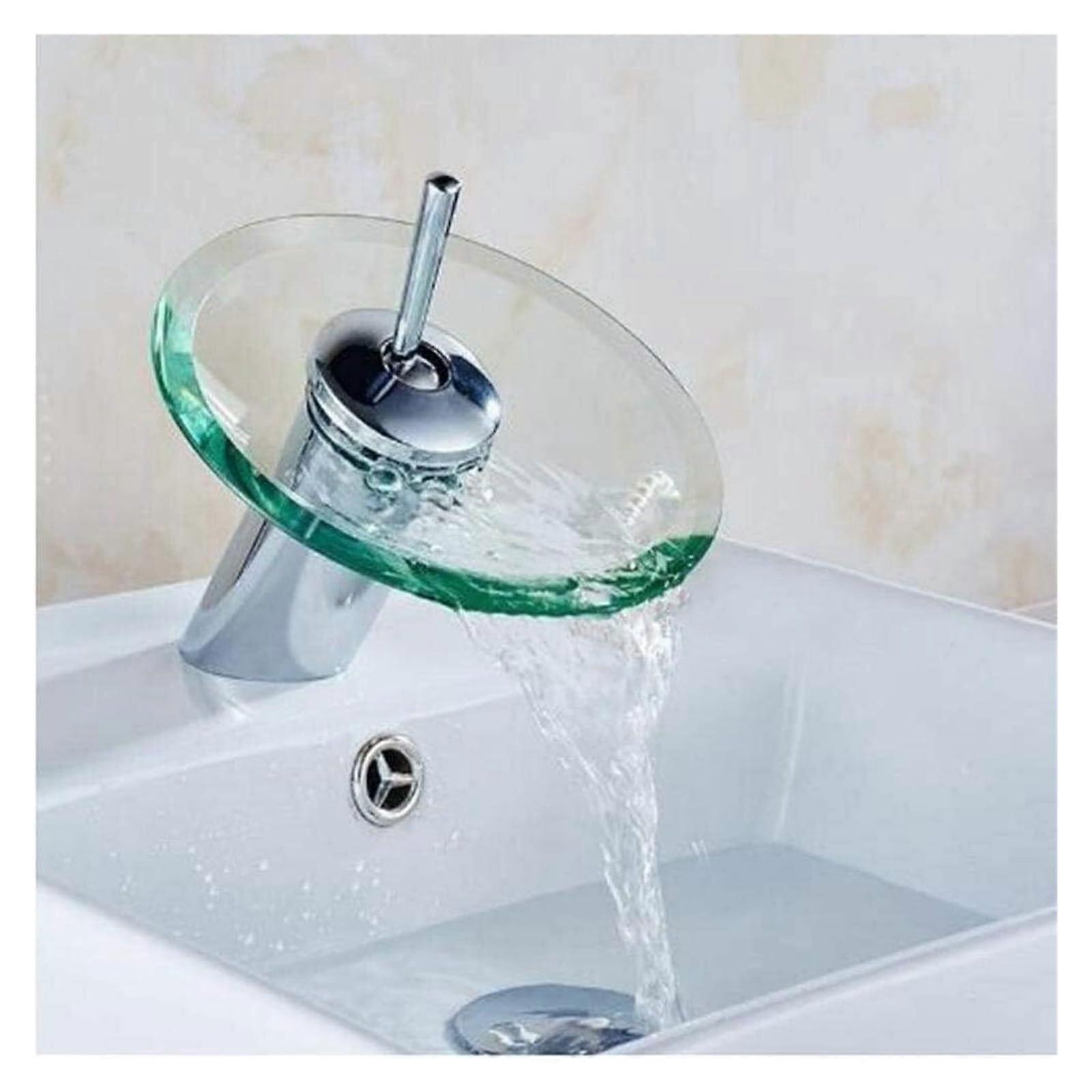 Glass Waterfall Bathroom Faucet SingleHandle Chrome Tempered Glass Disk Basin Faucet for Hot and Cold Water 12 cm
