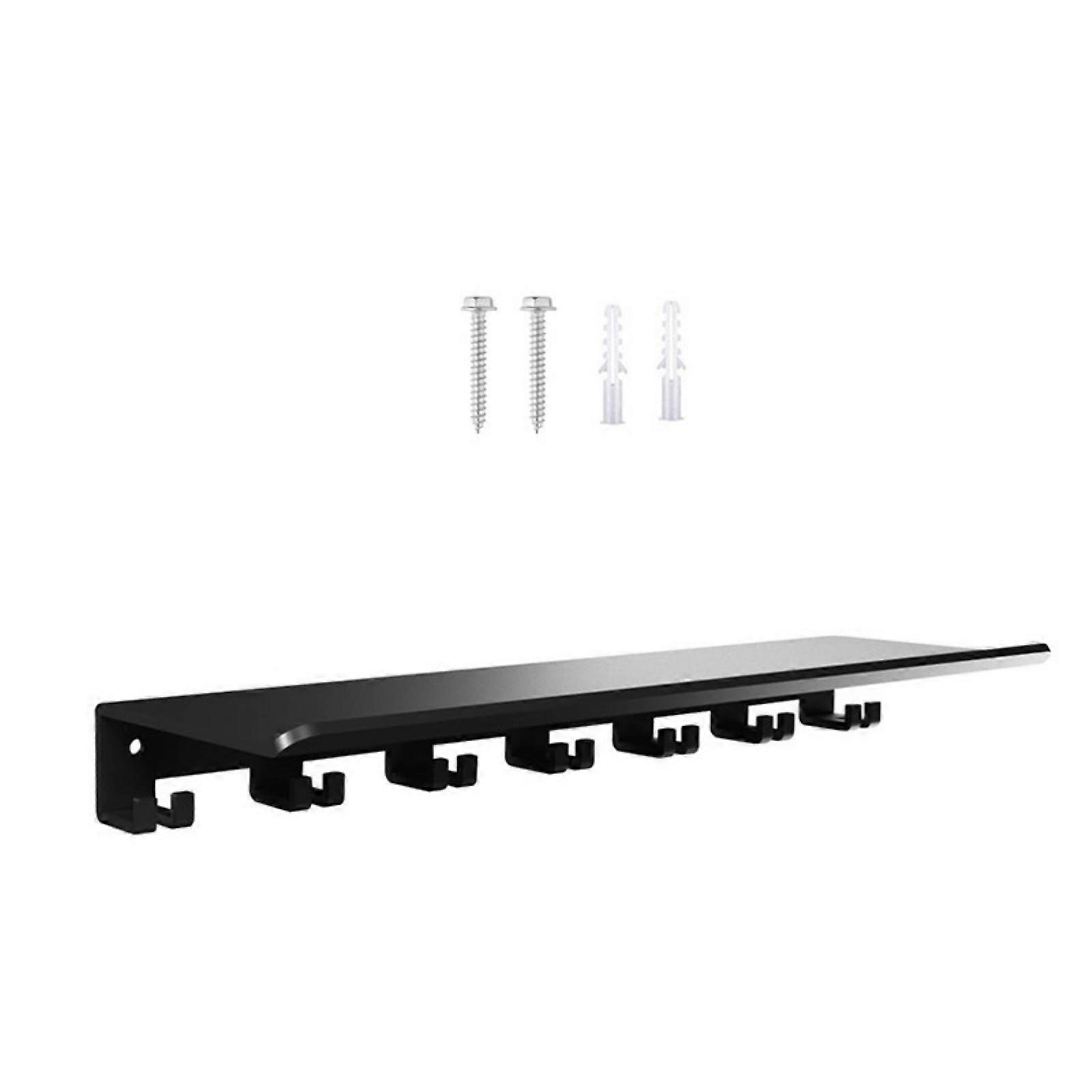 Space Saving Floating Shelf With 7 Hooks For Fitness Accessories Weatherproof Metal Designs Storage Solution  Black