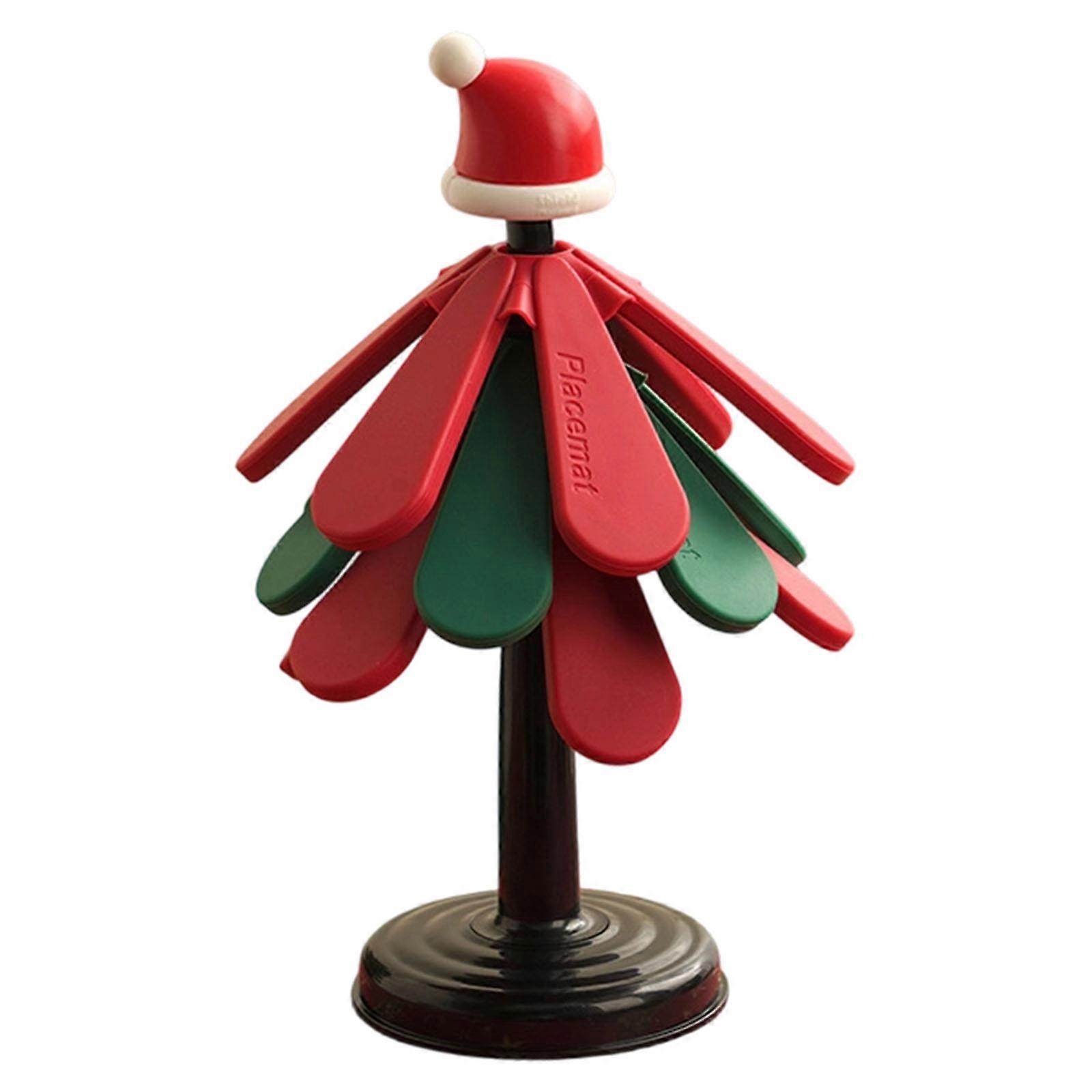 Silicone Heat Resistant Placemat With Nonslip Round Base and Christmas Tree Designs for Dining Table Protections Multicolor