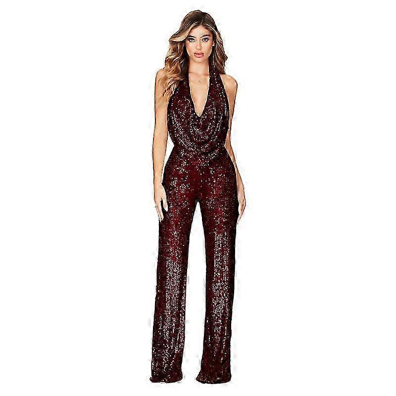 Halter neck jumpsuit for women - sleeveless sequin cocktail dress for bridesmaids and parties wine r