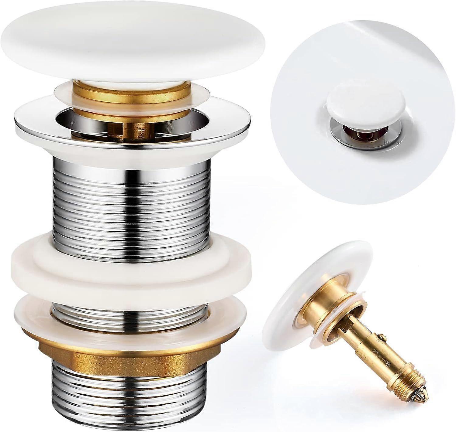 Basin Drain Without Overflow, Ceramic Pop Up for Sink and Sink, with Ceramic Lid, Brass Drain Valve, Drain Plug - White