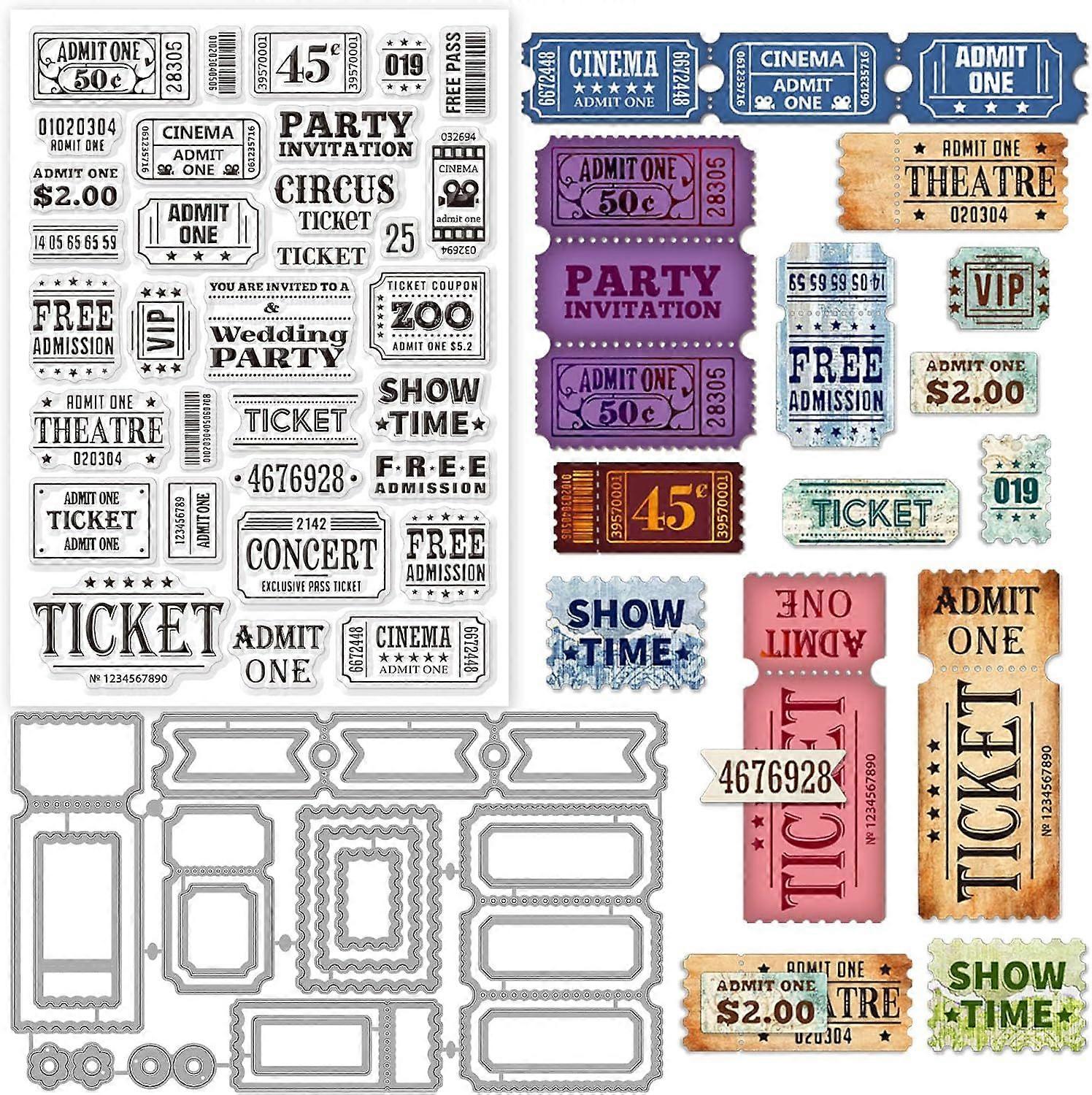 Vintage Ticket Text Clear Stamps and Labels Frame Cutting Dies Set for DIY Scrapbooking Cards Making Decorative Photo Album Notebook