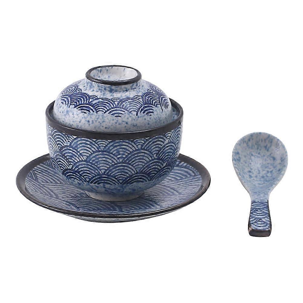 Japanese Ramen Bowl with Lid, Microwave Safe Ceramic Soup Bowl, Elegant Wave Pattern for Miso and Eggs