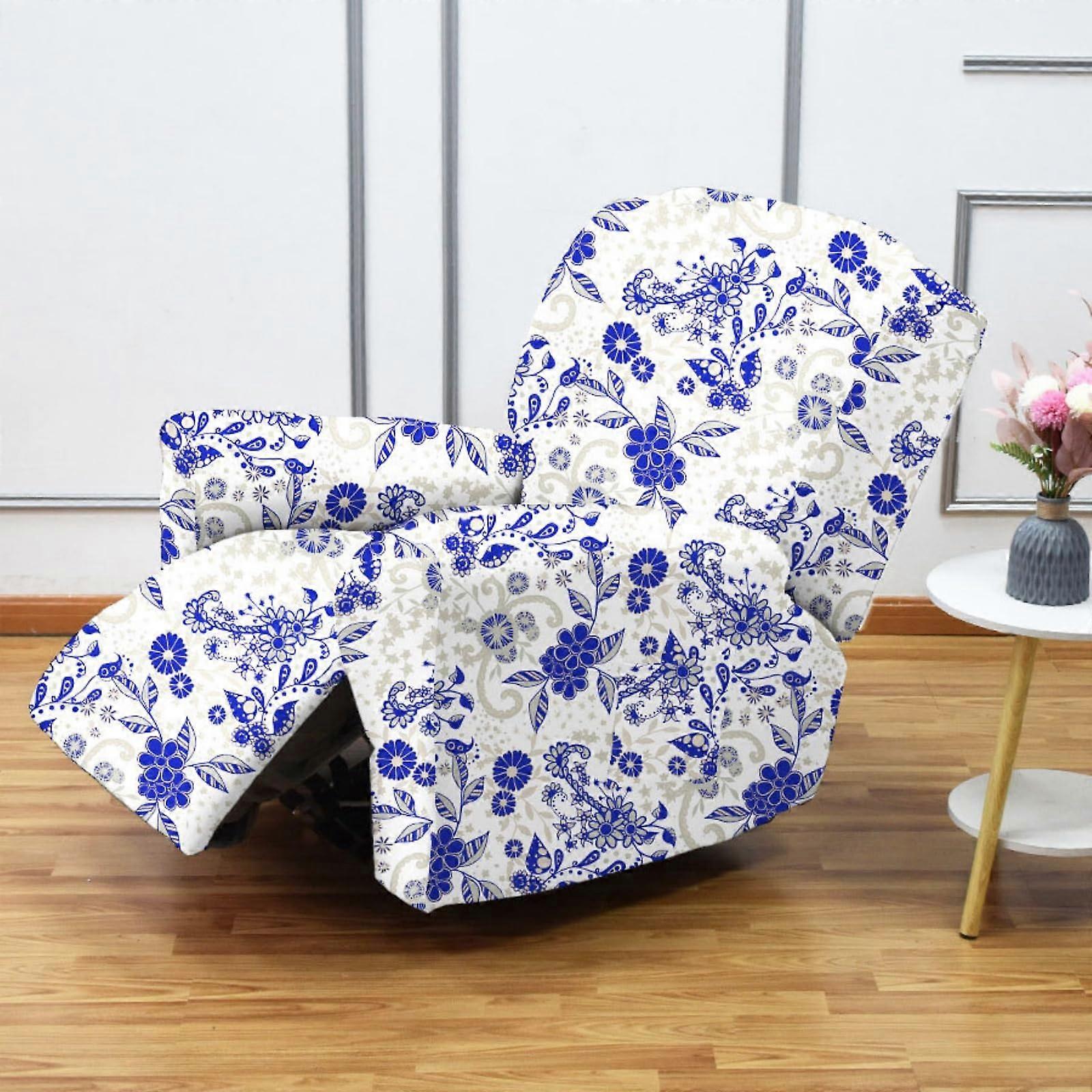 Recliner Chair Cover Stretch 4 Piece with Pockets, 3D Floral Leaf Sofa Slipcover Protector Blue
