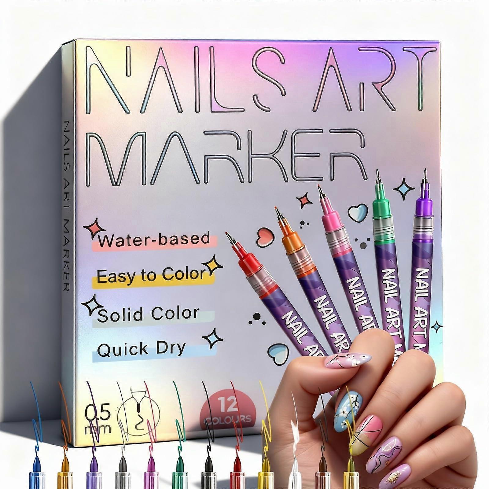 Nail Art Pens Set 12 Colors with Precision Fine Tip Markers for DIY Manicure and Detailed Designs