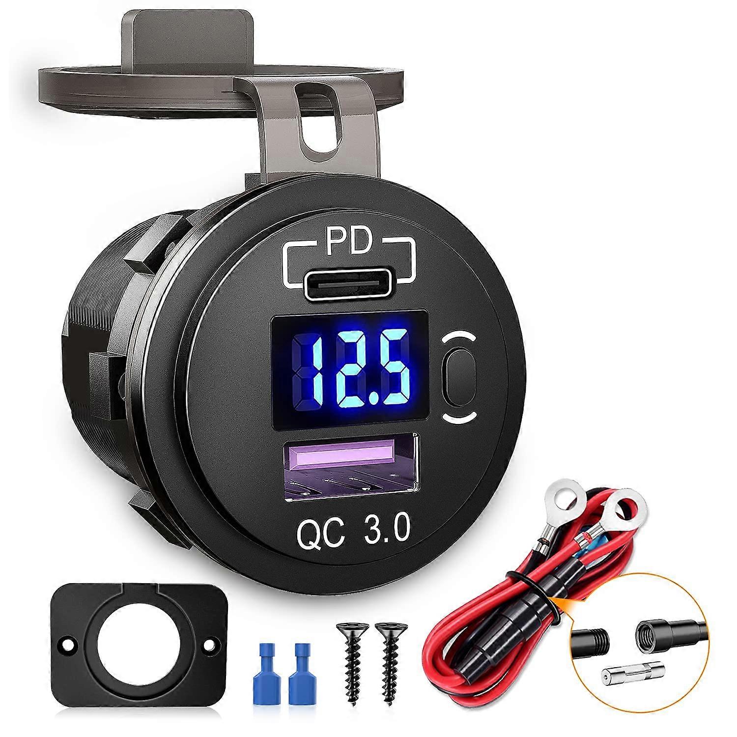USB Car Charger PD Type C QC 3.0 Dual Port 12V 24V Fast Charge with Voltmeter Switch for Cars Trucks RVs