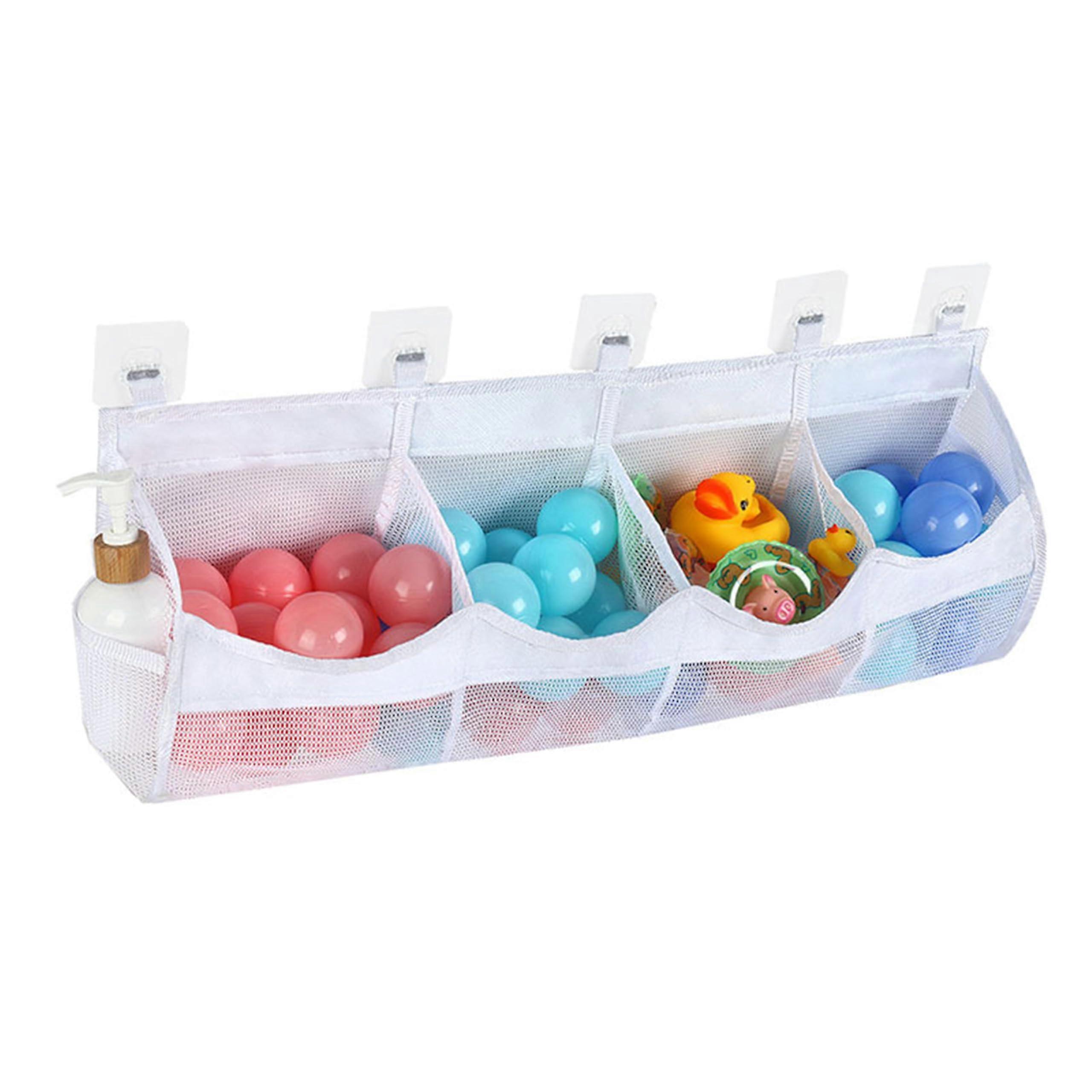 Large Mesh Bath Toy Organizer with 4 Compartments, Quick Drying and Hooks, Corner Bathroom Storage