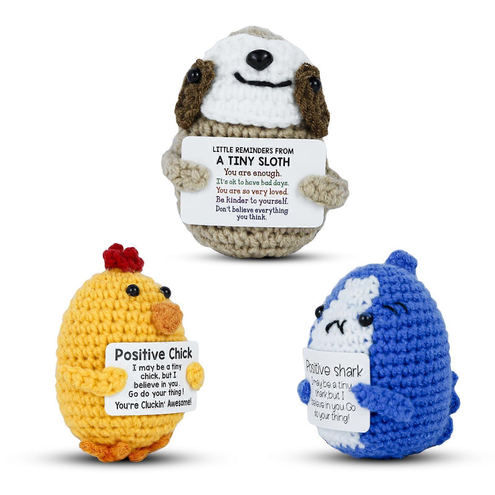 Crochet Animal Plush Set with Affirmation Cards, Handmade Knitted Sloth Shark Chick GiftReady Box