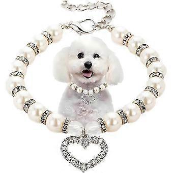 Pet Pearl Necklace with Crystal Rhinestone Heart Pendants for Small Medium Dogs Cats Puppies