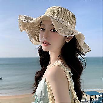 Ribbon Lace Bow Straw Hat for Women Beach Vacation Sun Hats Breathable Large Brim Fisherman Cap Summer Woven Grass Sunscreen Hat