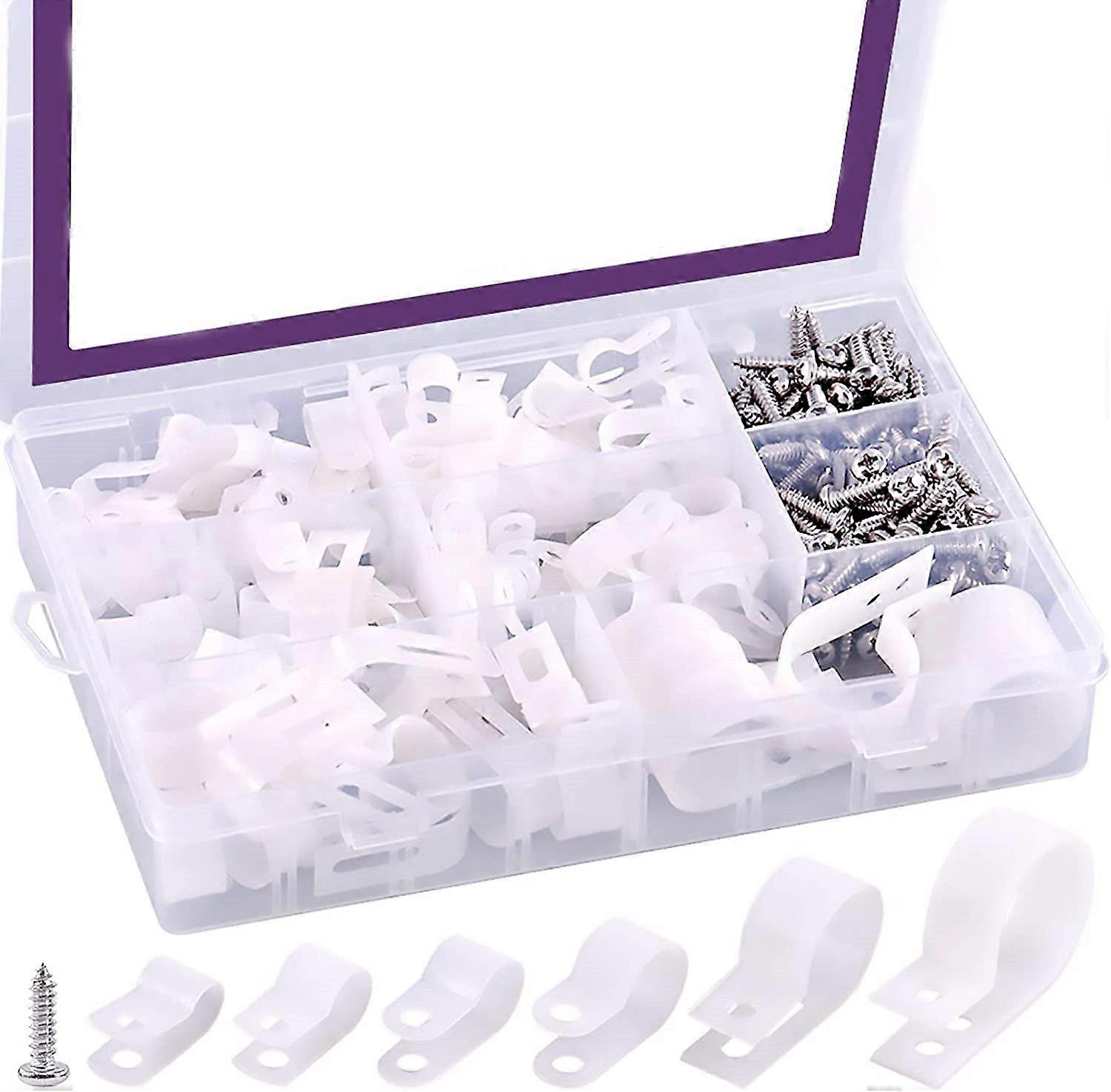 135 Pack 6 Sizes White Nylon Plastic R-Type Cable Clips Clamp Assortment Kit