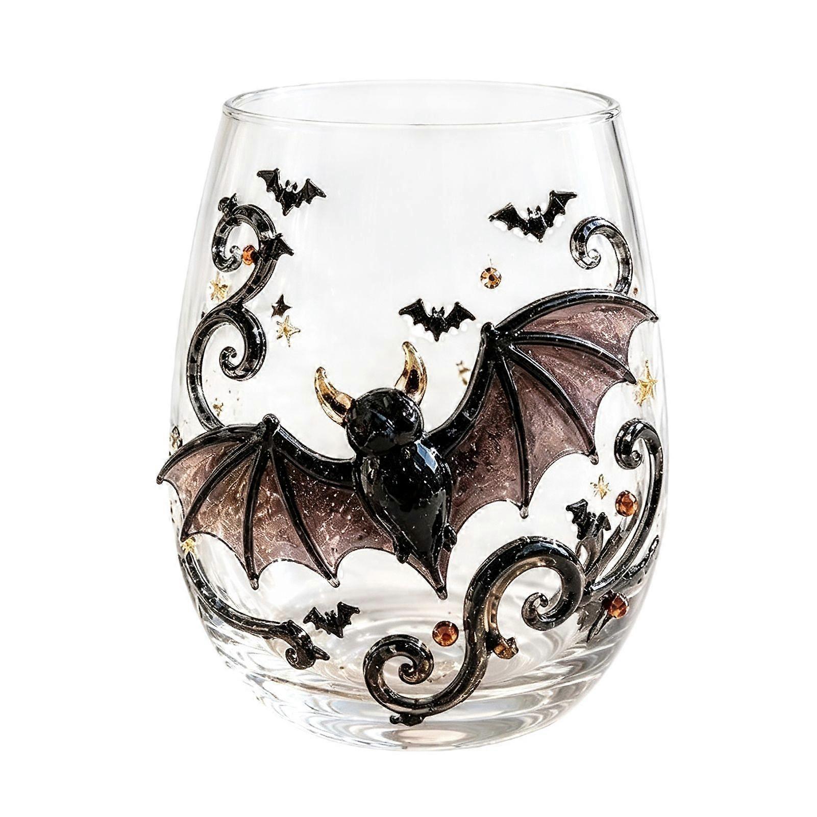 QingHai Halloween Artisan Glassware, Bat/Wizard Hat/Scarecrow/Crow Hand Painted Goblet, 420ml Capacity, Borosilicate Glass Cup for Home Party