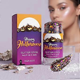 Halloween Body Glitter Stick 15g, Black Orange Purple Sequin Hair Glitter for Rumi Costume Cosplay and Tattoos Makeup, Chunky Glitter Face Paint for W