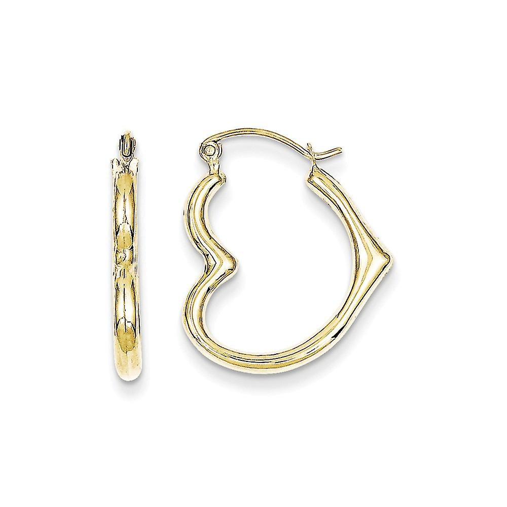 10Kイエローゴールドポリッシュヒンジポスト中空愛ハートシェイプ-中空フープピアス幅22x19mm幅3mm厚フープピアス