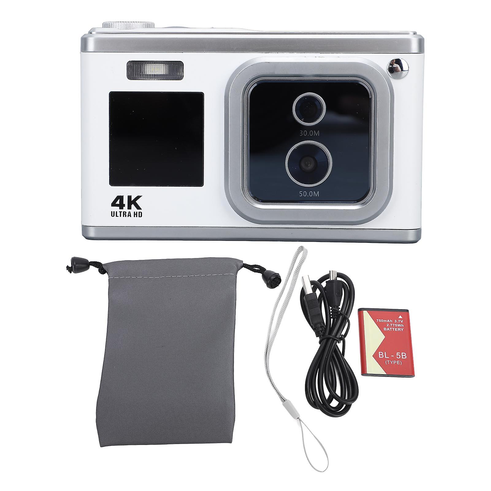 Digital Camera 4K HD Dual IPS Screen 50MP 30MP Dual Lens 16X Digital Zoom AF Built in Flash Small Camera for Teens Students White