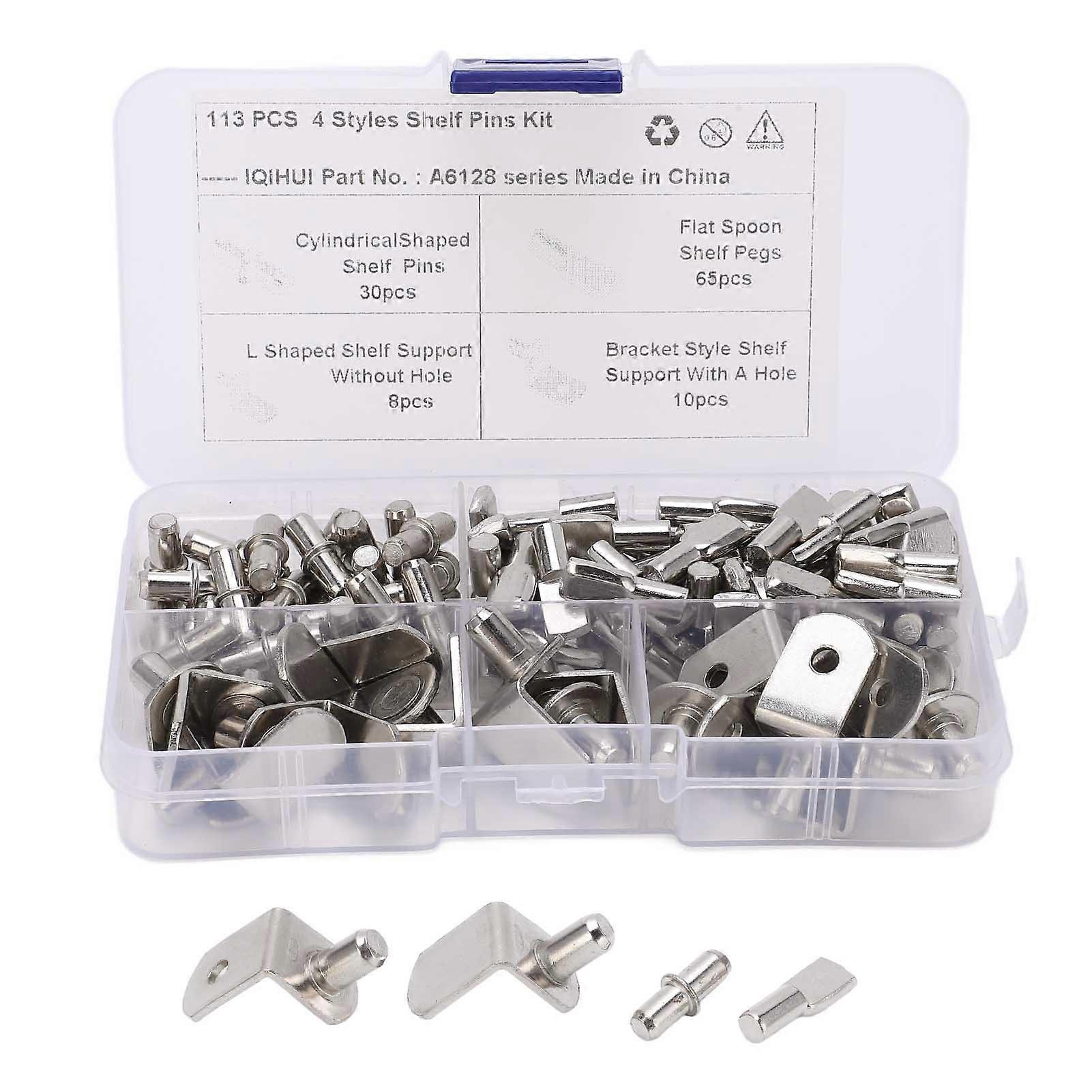 113Pcs 4 Styles Shelf Pins Kit Nickel Plated Shelf Support Pegs for RV Cabinet Bookshelf Display Cabinet Furniture Closet Sideboard E2U011