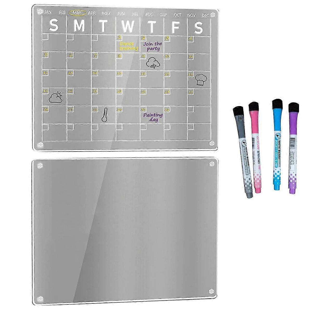 2 Pcs Transparent Acrylic Magnetic Dry Erase Calendar Board For Fridge, 16x12 Inch For Refrigerator With 4 Markers