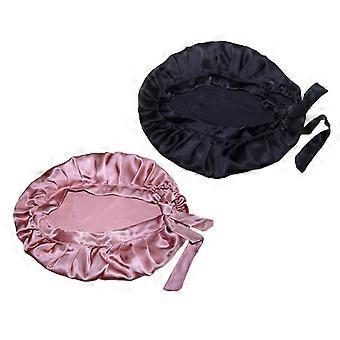 Women Satin Elastic Smooth Soft Night Cap Hair Protection Bonnet Pink/Black