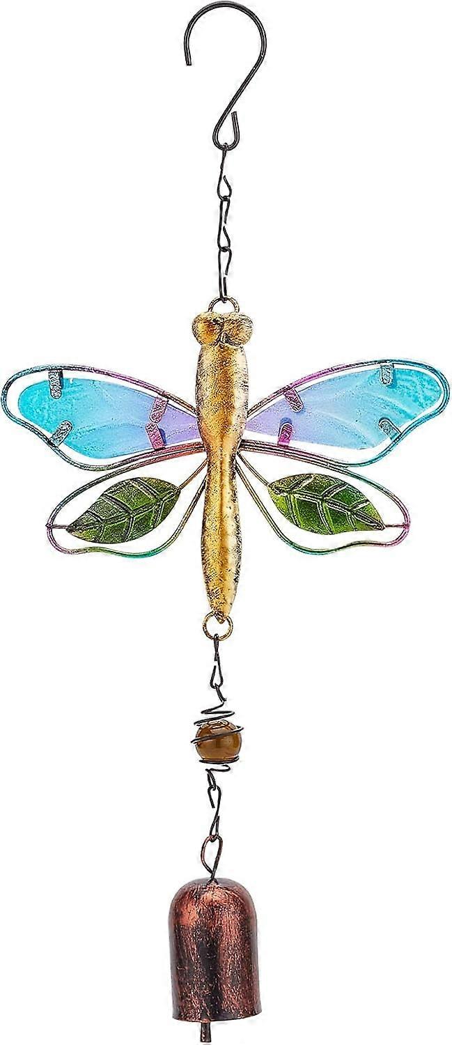 Dragonfly Wind Chime Metal Glass Music Wind Bell 14.2" Romantic Colorful Dragonfly Shaped Hanging Ornaments with Chime Gifts for Women Garden Patio Ya