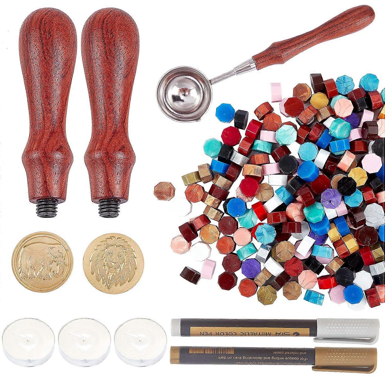 Wax Seal Kit Vintage Wax Seal Stamp Set with 200PCS Sealing Wax Beads 3PCS White Candles 2PCS Pens 1PC Melting Spoon for Stamps Envelope Postcard Labe