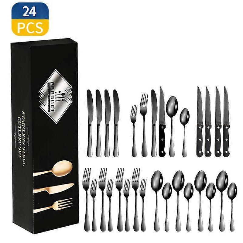 24 Pieces Matte Black Silverware Set With Steak Knives For 4, Stainless Steel Flatware Utensils Set