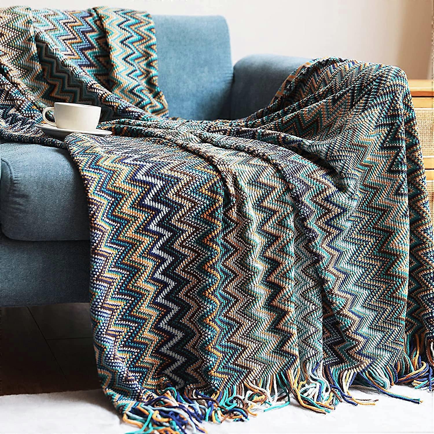 130x230cmBlueKnitted Blanket Tassel Bedspreads Color Houndstooth Bohemian Plaid Warm Throw Rug Fashionable Soft Blanket Sofa Throw Decorative Bedsprea