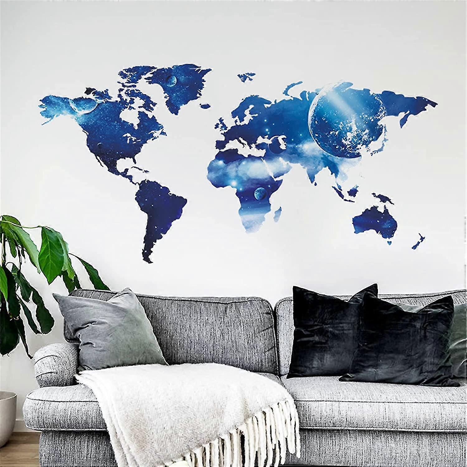 世界地図壁デカールブルーワールドウォールステッカーベッドルームリビングルームテレビウォールドア装飾壁画(世界地図)