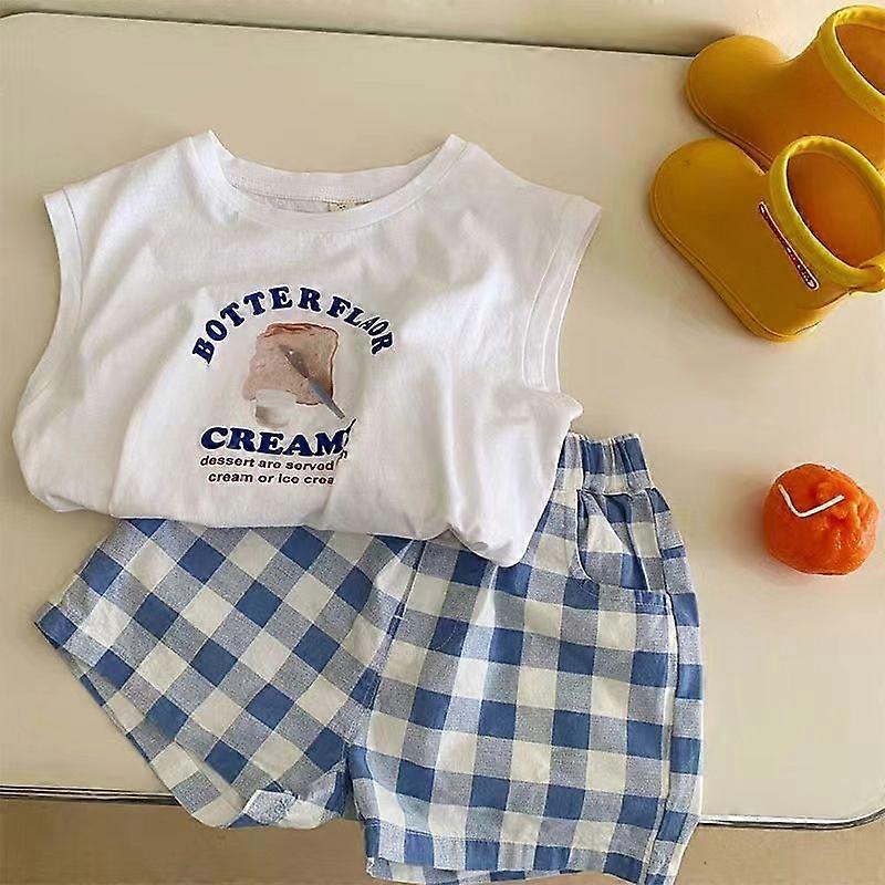 Été Enfants Garçon Vêtements Ensemble 0-5 Ans Enfants Sans Manches Imprimé T-shirt Gilet + Taille Élastique À Carreaux Shorts 2 PCS Outfis Fille Vêtements