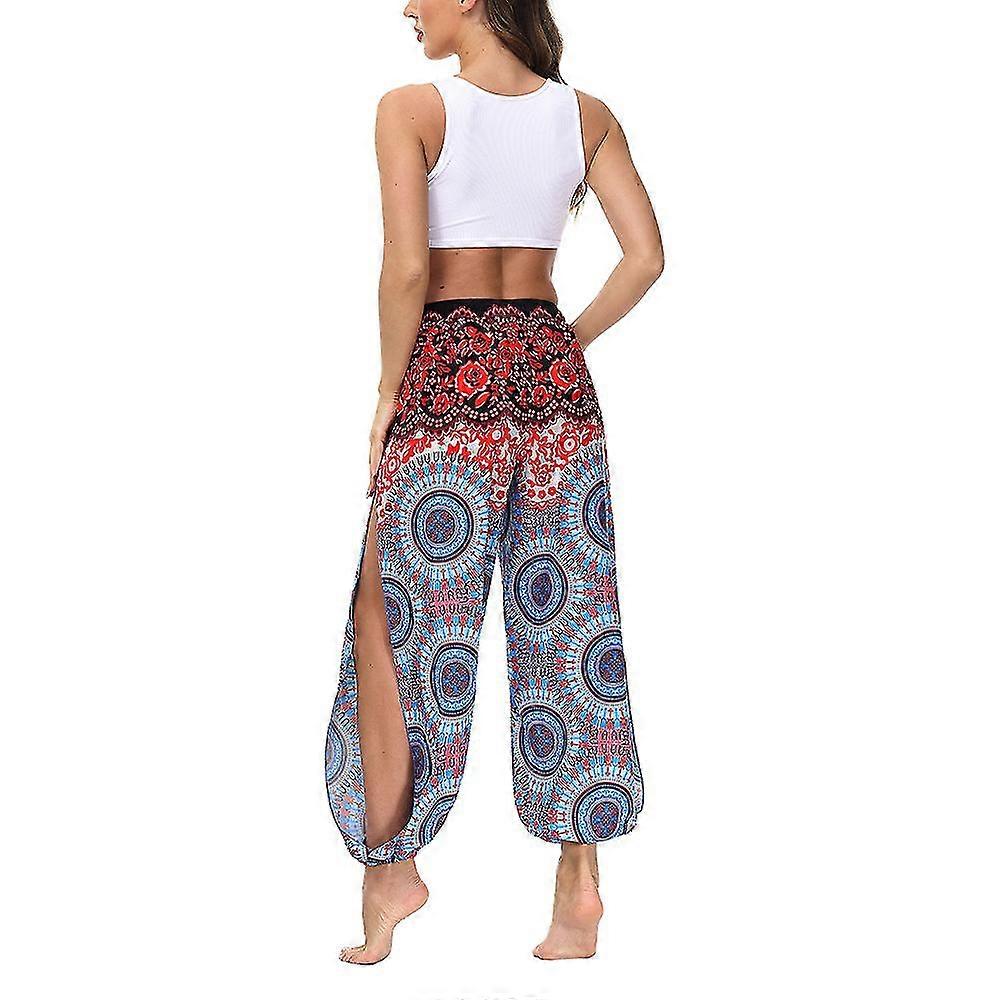 Dames Boho Floral High Split Broek Gypsy Hippy Broek Rood