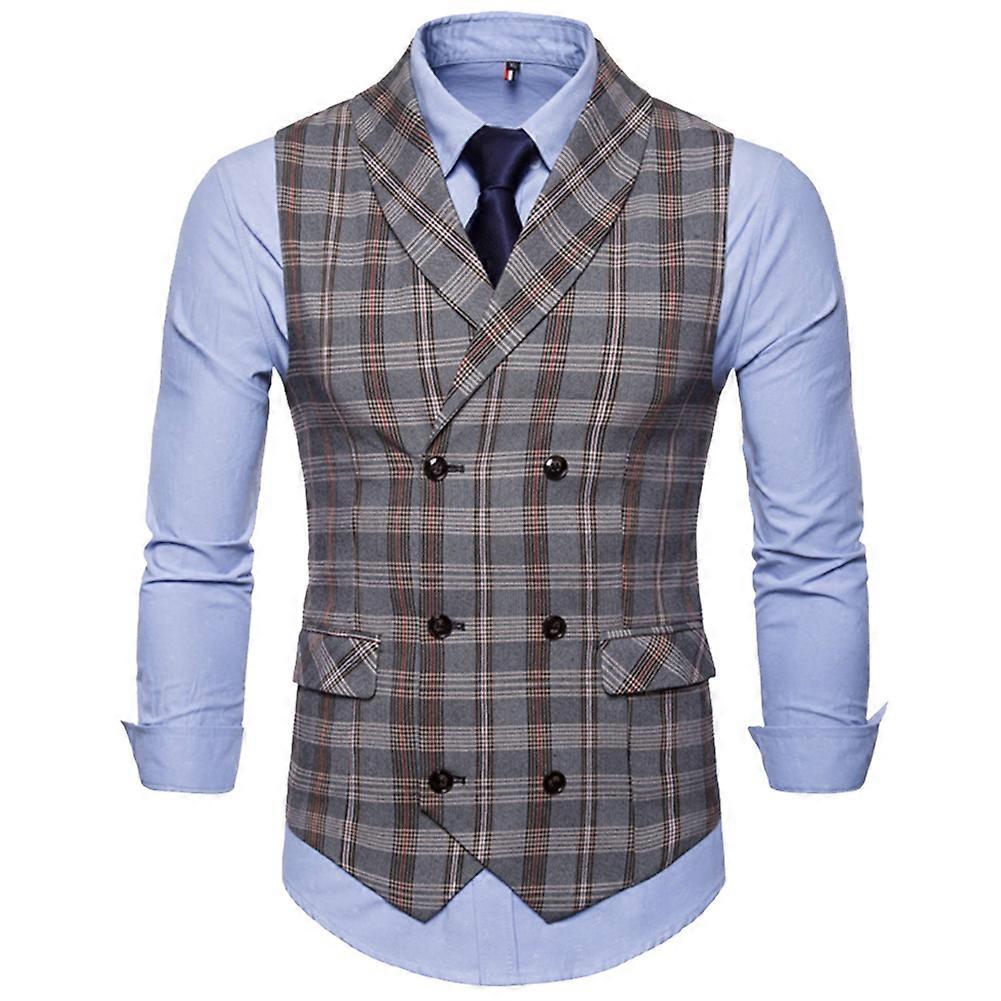 Men Casual Plaid Pattern Double-breasted Sleeveless Formal Waistcoats Suit Vest (Gray 2XL)