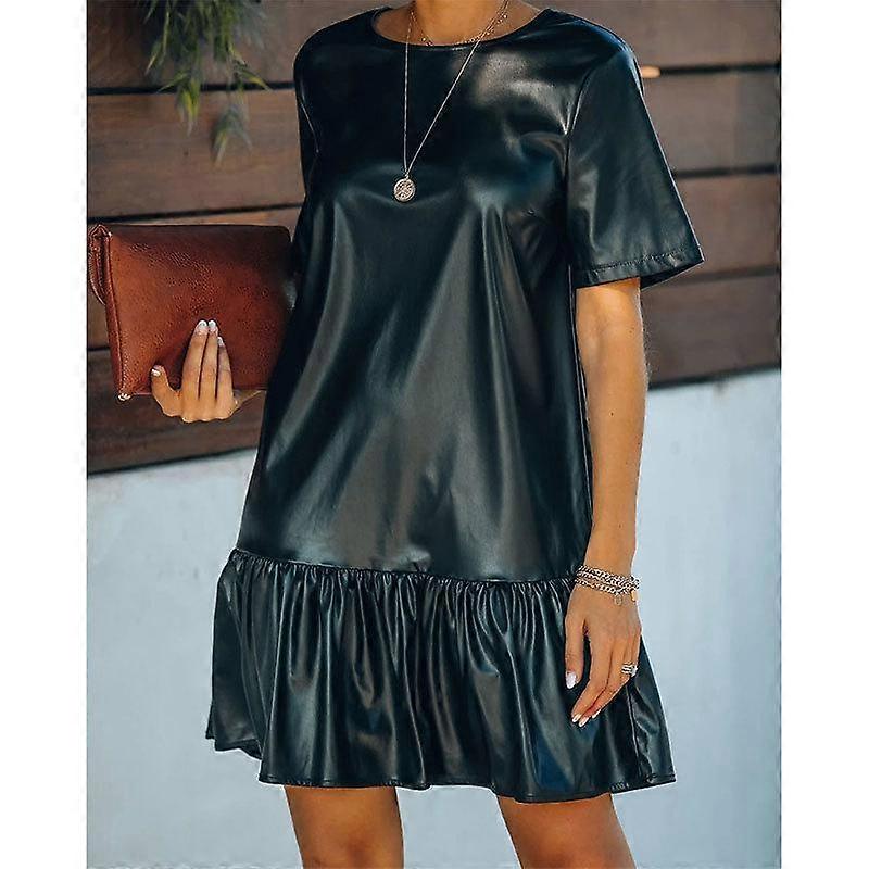 Autumn and Winter Temperament Commuter Ruffled Loose and Thin Patent Leather Short-sleeved Dress