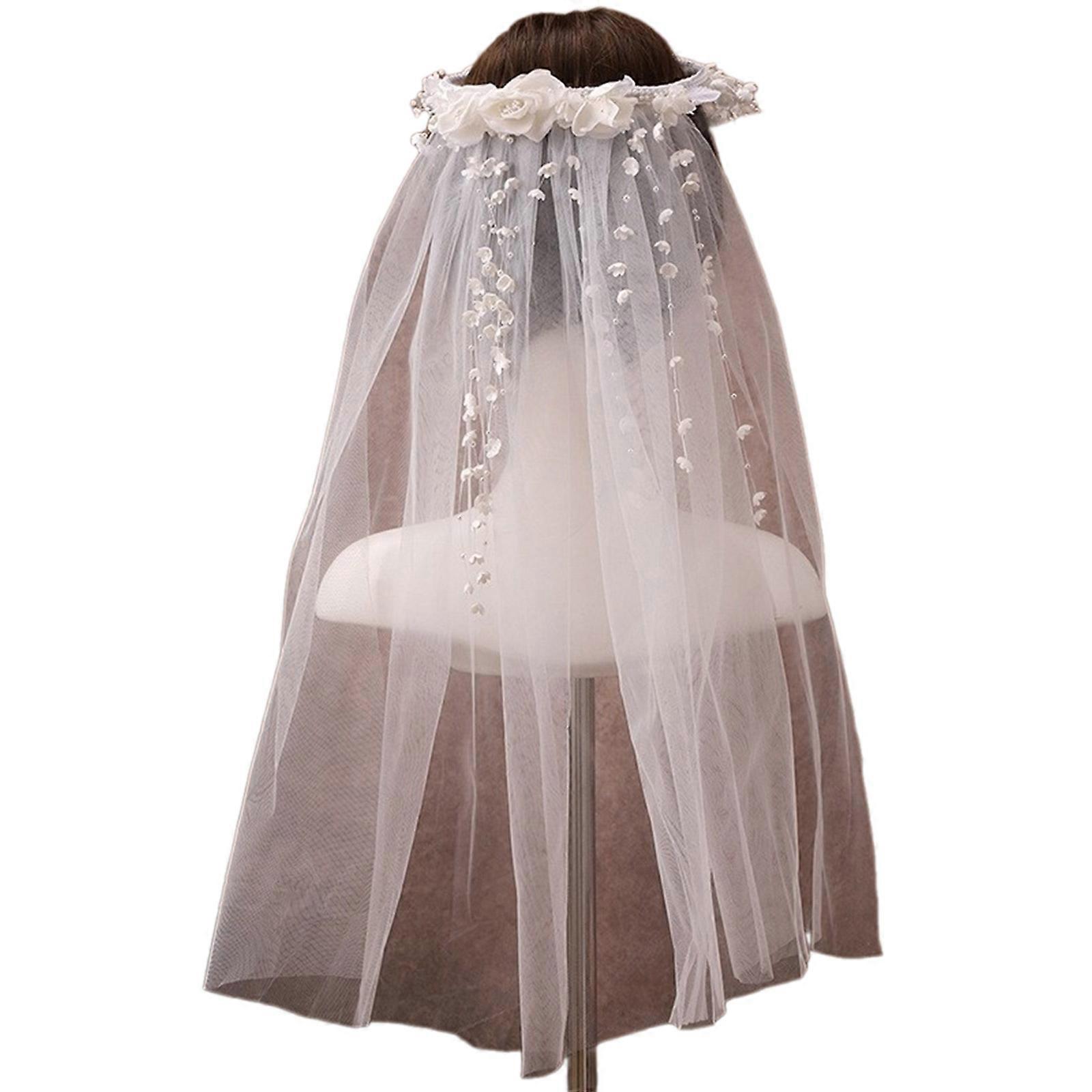 Delicate Wedding Bride Tulle with Beadwork Flower Elegant Bride Prom Party Tiaras Women Veil for Taking Photo Supplies  White