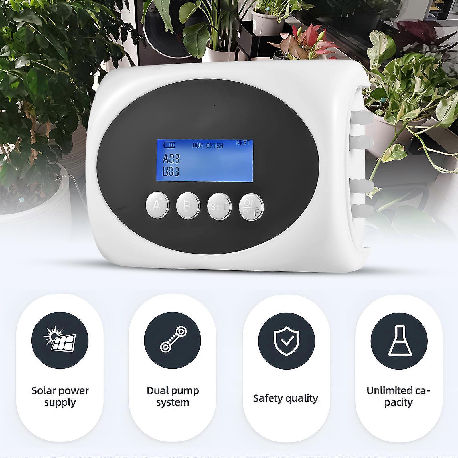 3W Solar Automatic Watering Device Dual Pump Timed Irrigator for 15 Pots LCD Display USB/Solar Panel Powered Drip Irrigation Kits 15m Tube Length for