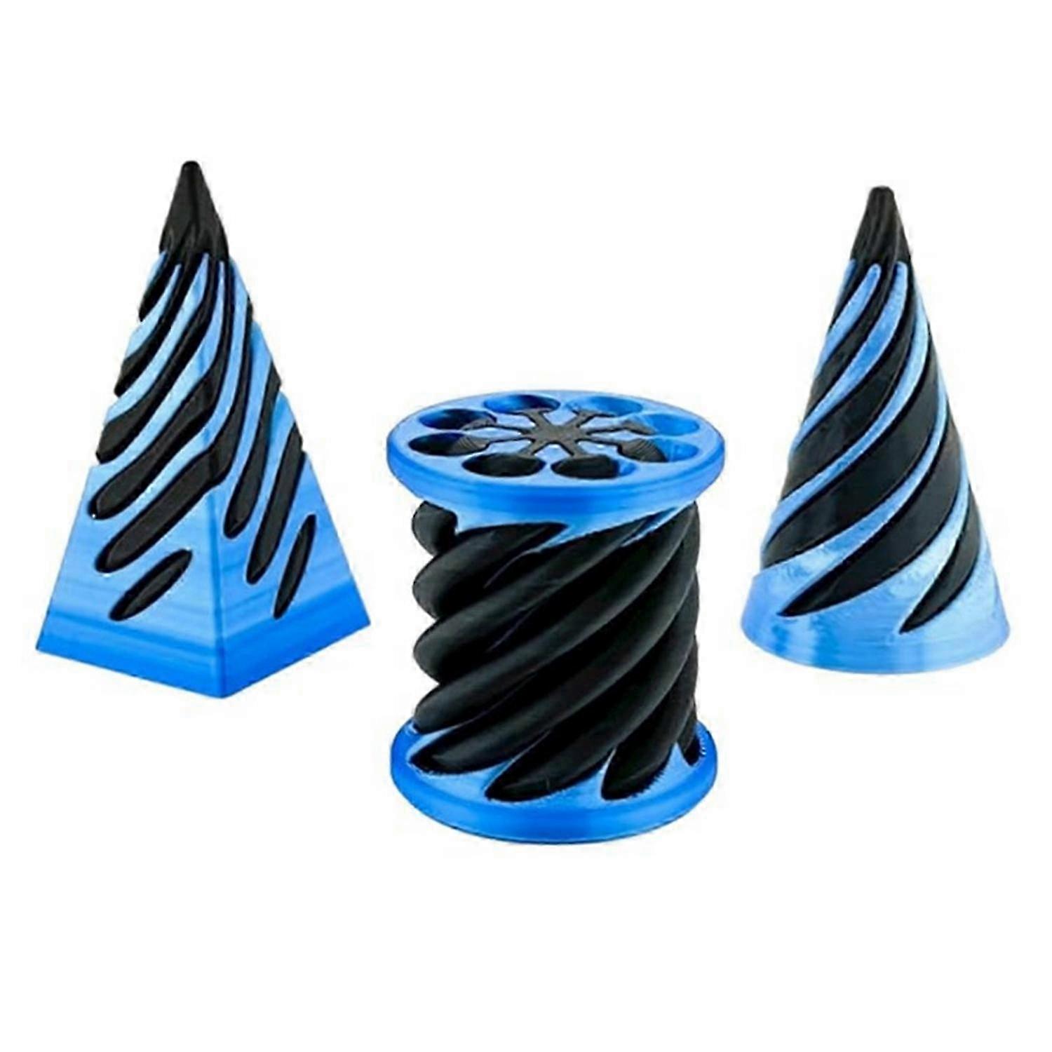 3-Piece Set of 3D-Printed Spiral Cone Impossible Pyramidal Pass-Through Sculptures with Spiral Cylinder Figurines
