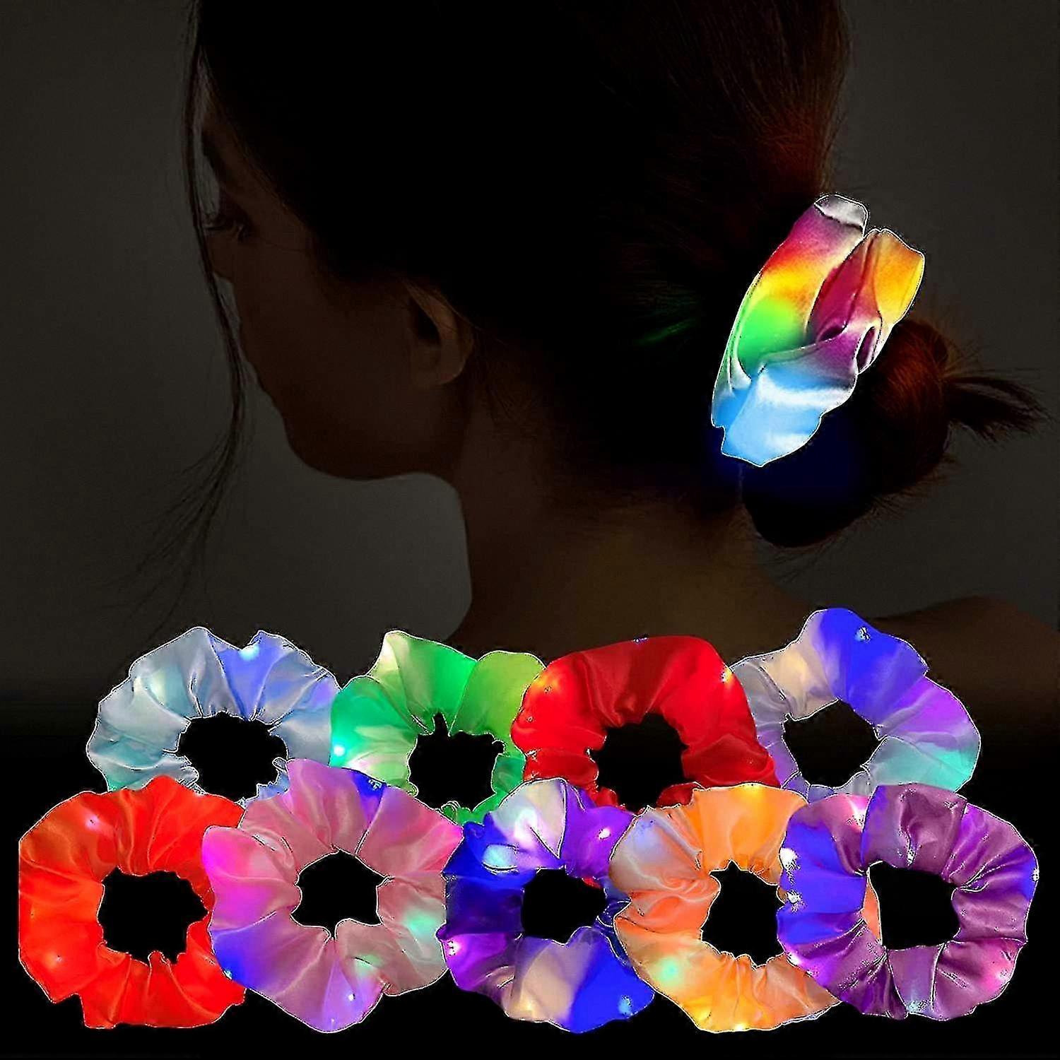 9 Pcs Satin Elastic Hair Scrunchies with LED Lights - 3 Color Light Modes for Various Brands