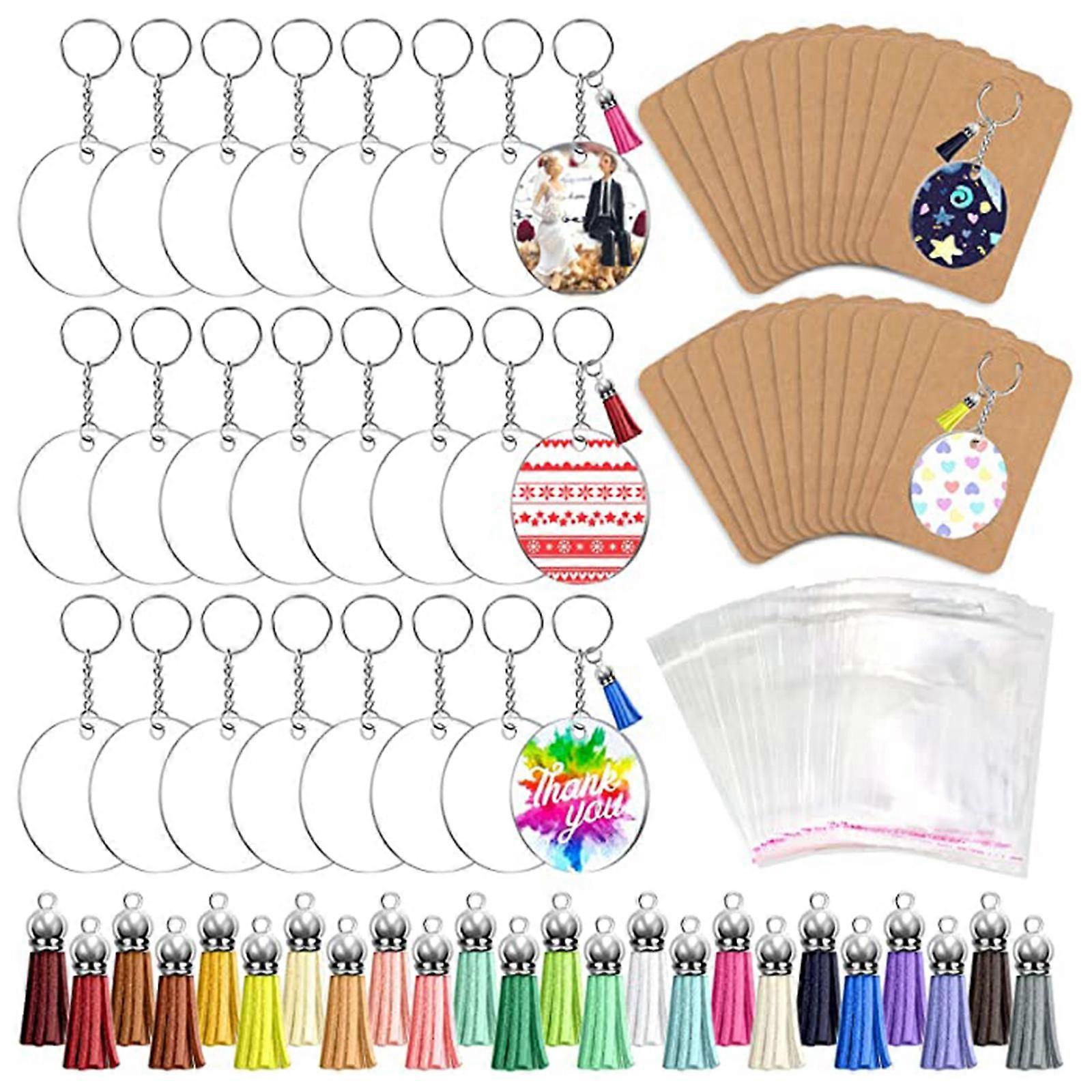 144Pcs Acrylic Keychain Blanks Kit with Keyrings Jump Rings Round Clear Discs Circles Colorful Tassel Pendants for DIY