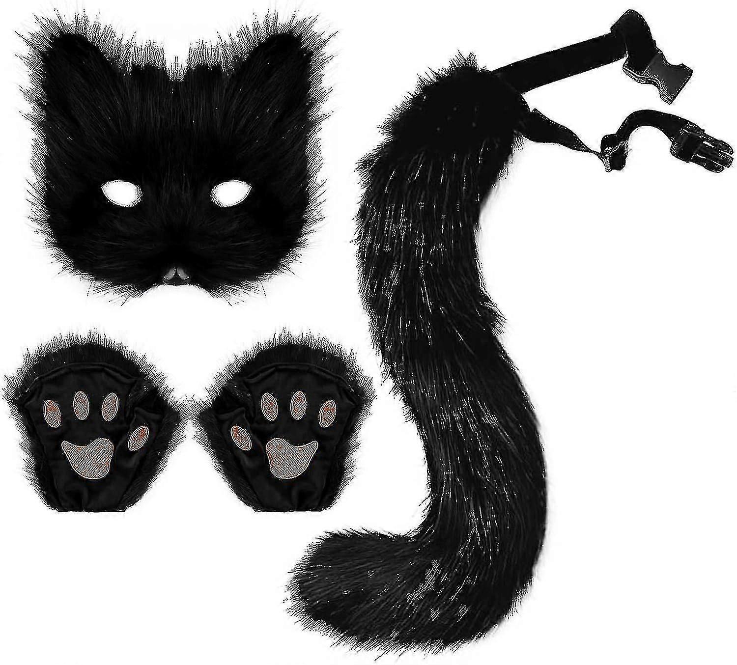 Faux Fur Fox Tail Cat Wolf Cosplay Costume Set Plush Mask Fluffy Paw Gloves Halloween Christmas