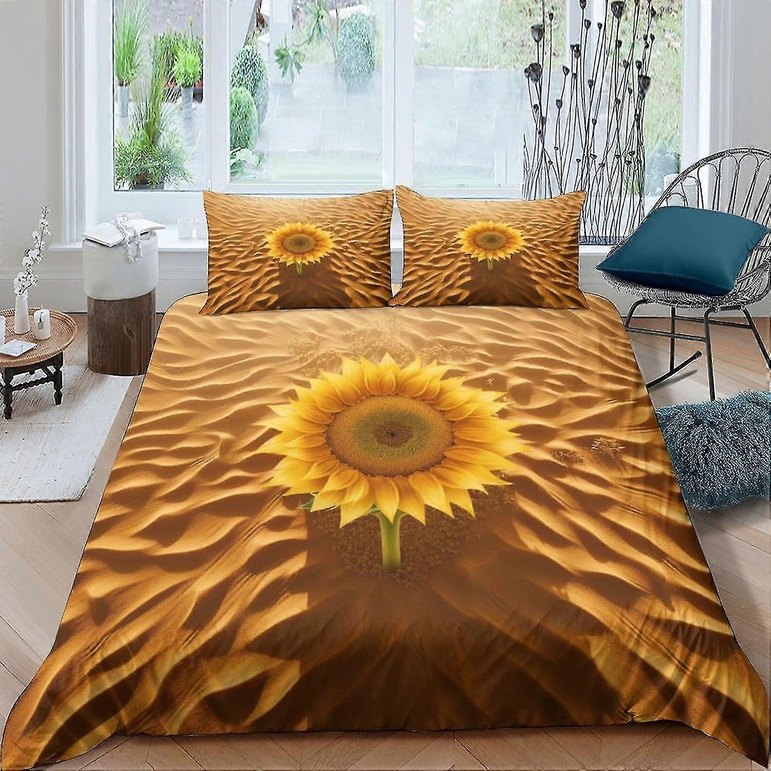 Conjunto de Capa de Edredom e Fronha de Microfibra Girassol 3 Peças Impressão Digital 3D Capas de Colcha Quarto Individual Cama de Dia Duplo