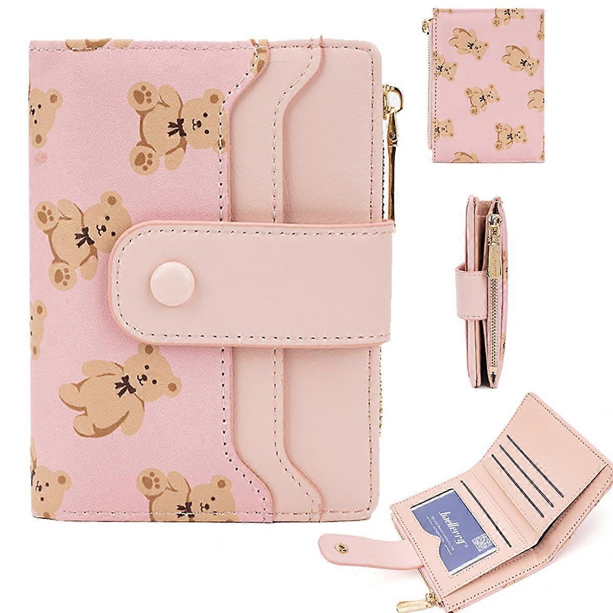 Women's Short Purse Bear Embossing Small Zip Design RFID Blocking Zipper Wallet With Multiple Compartments Light Pink
