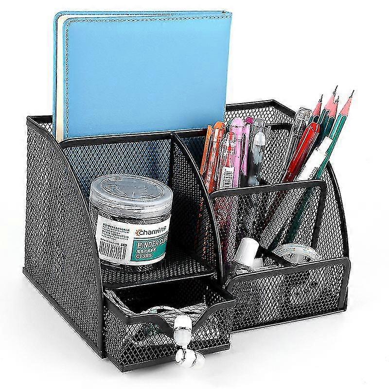 Desk Organiser, Mesh Desk Tidy Pen Holder With 6 Compartments And 1 Drawer, Stationery Organisers