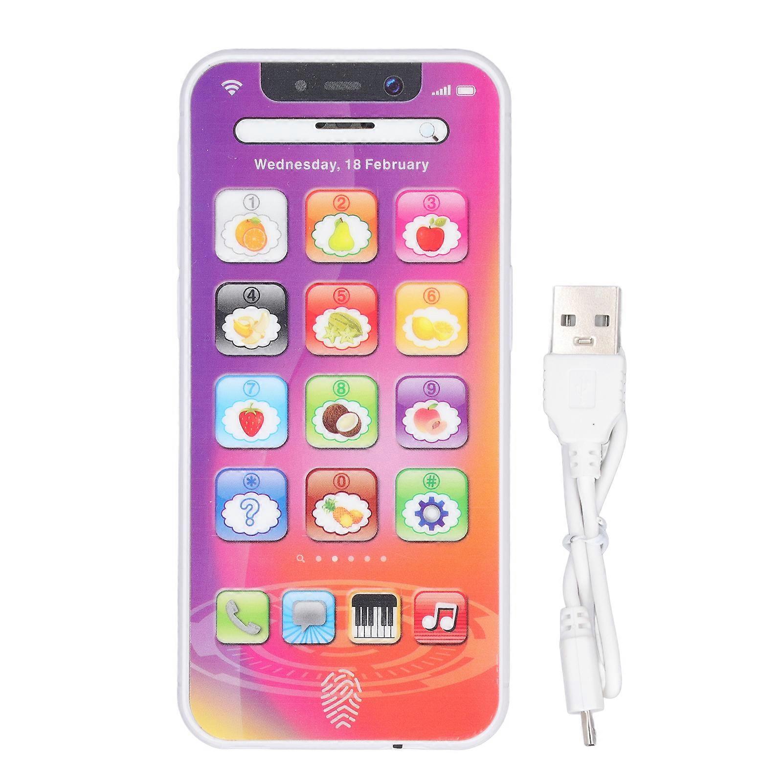 Kids Learning Toy Play Cell Phone Soft LED Light Adjustable Volume Learning Mobile Cellphone with USB Recharge Cable Purple