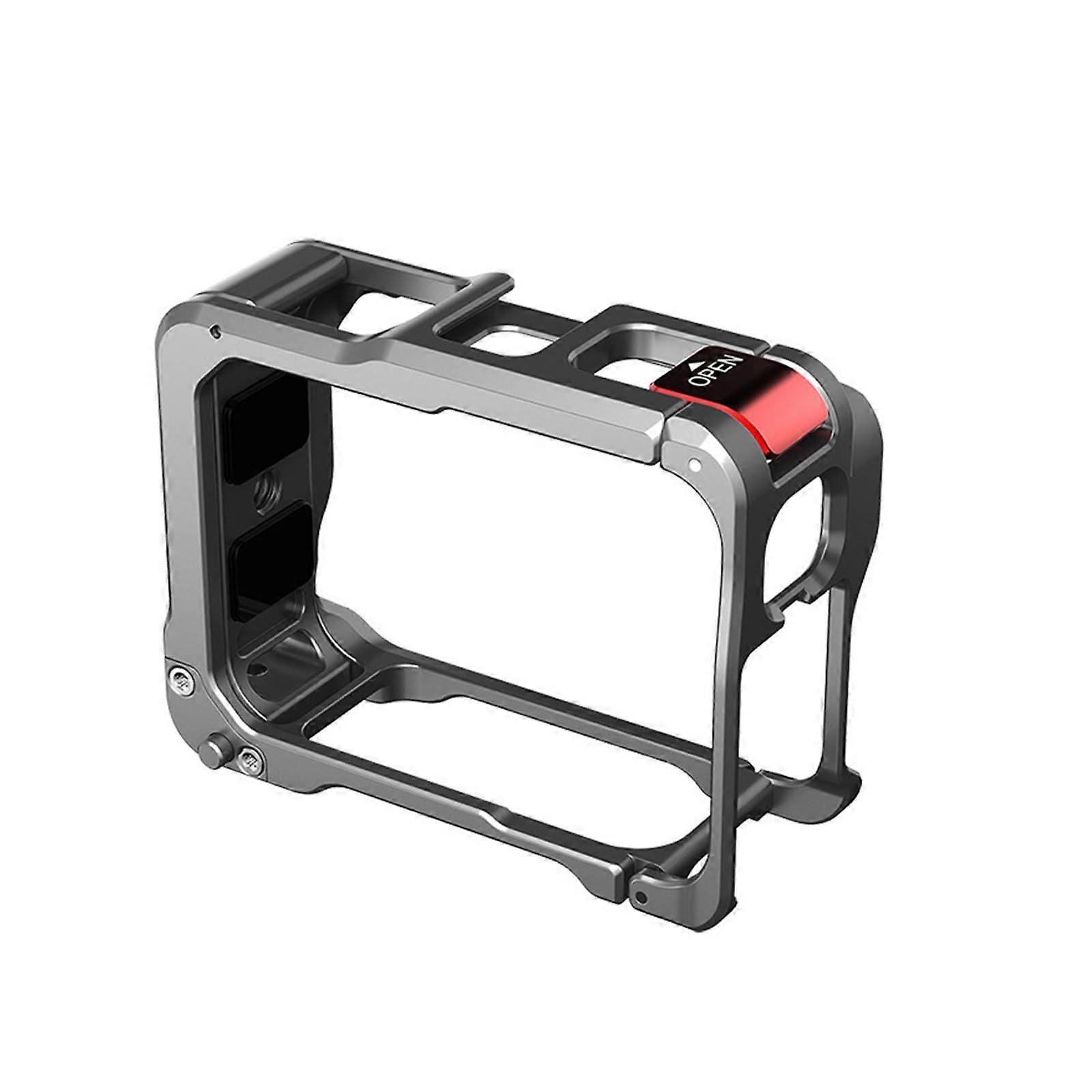 Shockproof aluminum protective frame with foam padding inside and foldable quickrelease clamps for 2 camera metal cage housings.