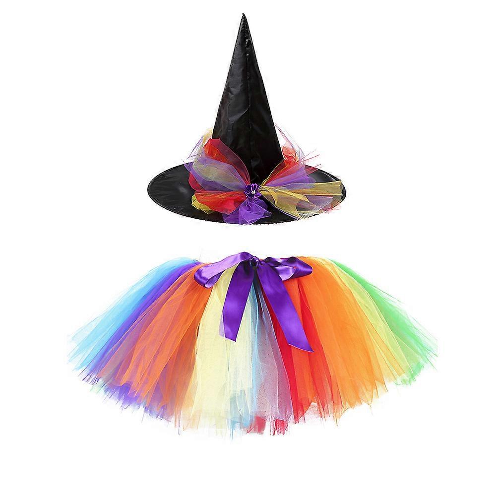 Girls Multi-layer Mesh Tutu Dress And Wizard Hat Set For Halloween Cosplay Event Featuring Assorted Color 2PCS