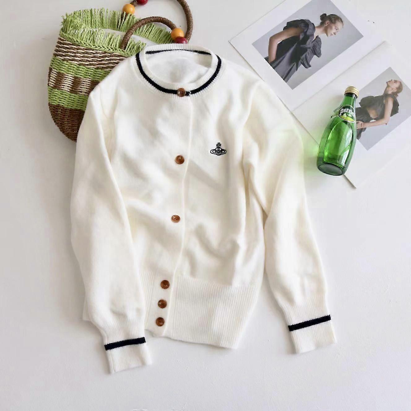 Spring Saturn Embroidered Logo Contrast Color Knitted Cardigan Women's Soft Glutinous Versatile Outerwear Sweater Coat