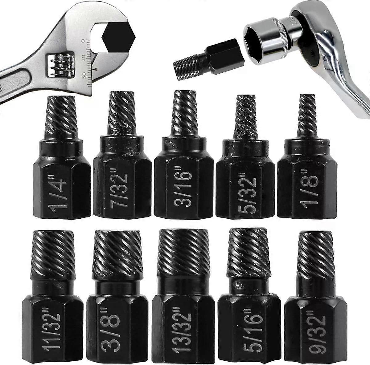 Screw Extractor Set, 10 Pcs Hex Head Easy Out Bolt Extractor with Multi-Spline, Alloy Steel Left-Handed Helical Design